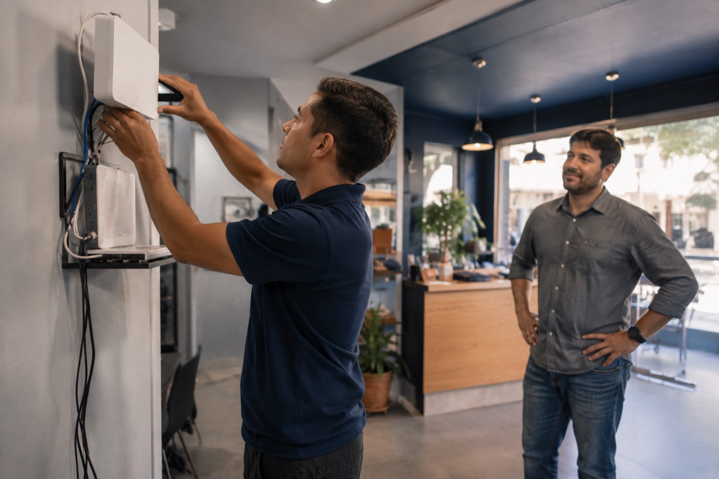 Técnico instalando o equipamento de fibra dentro de um comércio