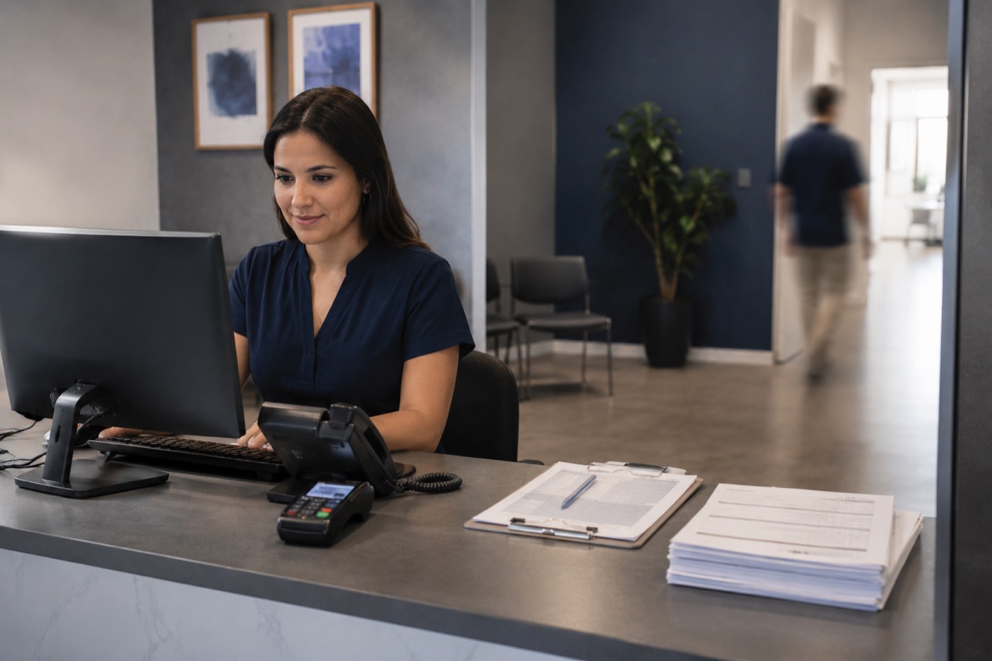 Recepcionista atendendo no computador, com colega ao fundo